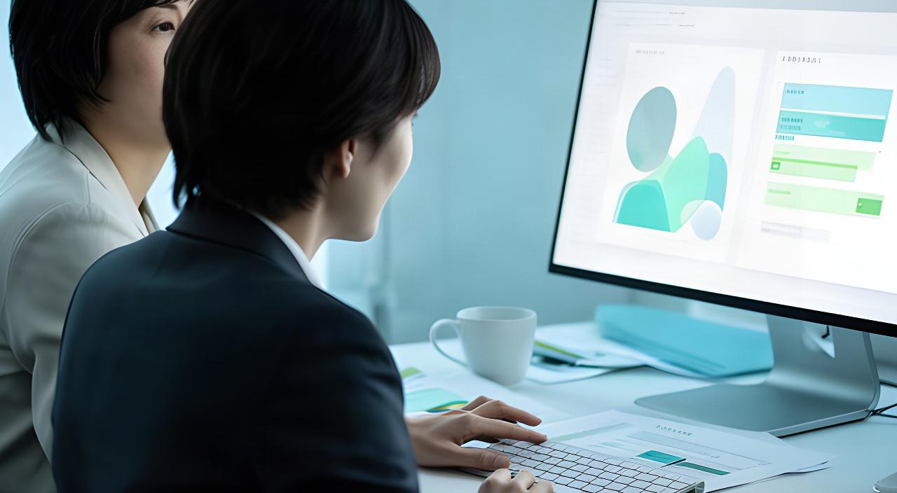 人事担当者が画面上の採用状況や社員データを確認し、次の対応を相談する様子