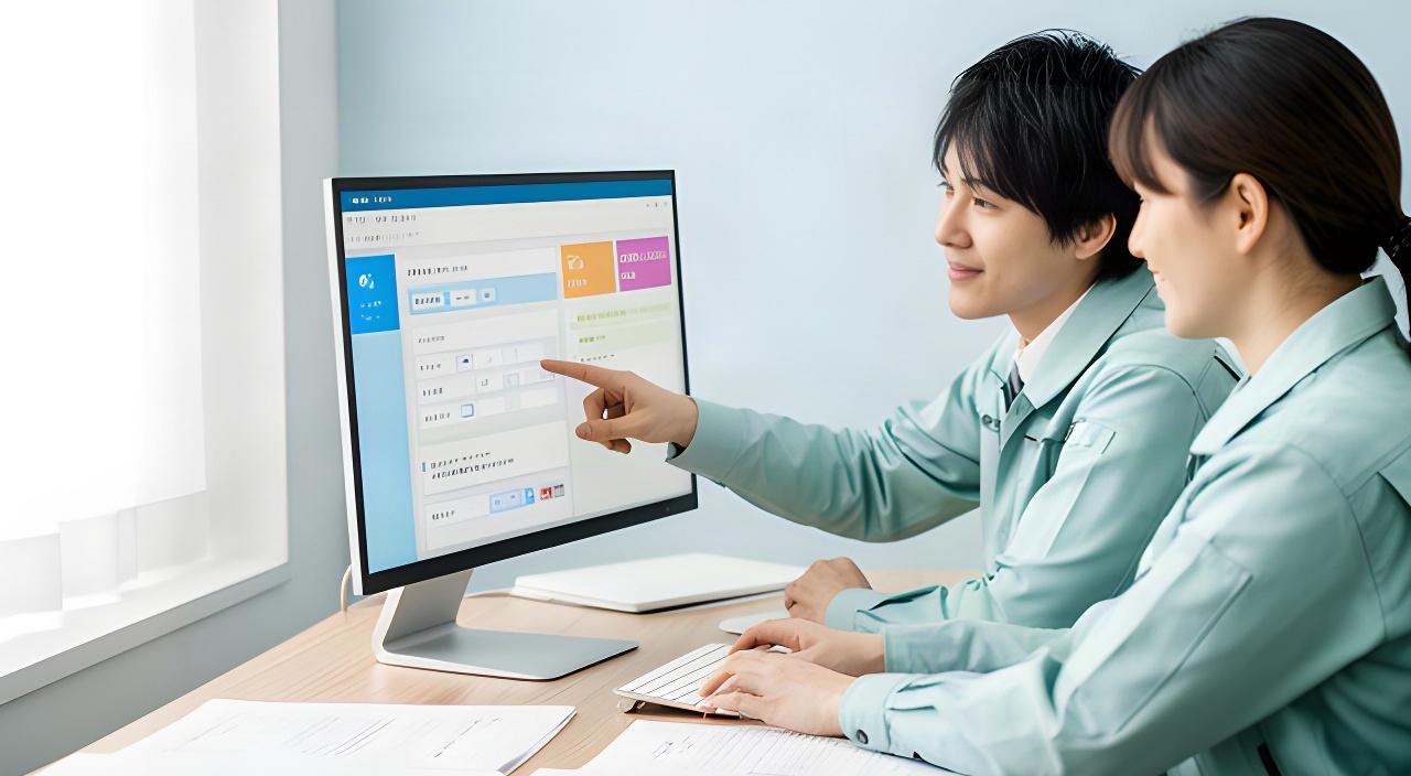 担当者と支援スタッフが、人事システムの設定と利用手順を画面を見ながら確認する様子