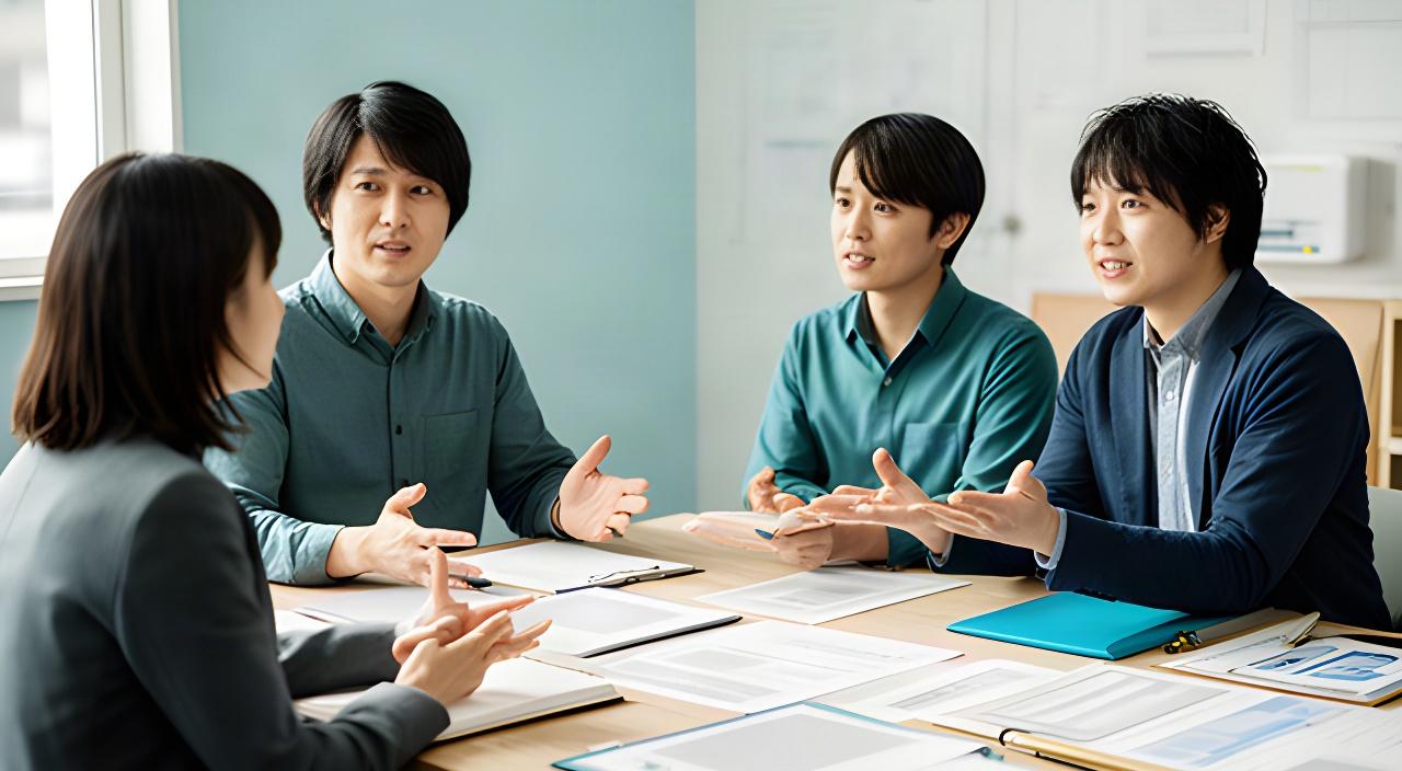 高知県の小規模事業所で、担当者が採用や人材管理の資料を囲んで話し合う様子