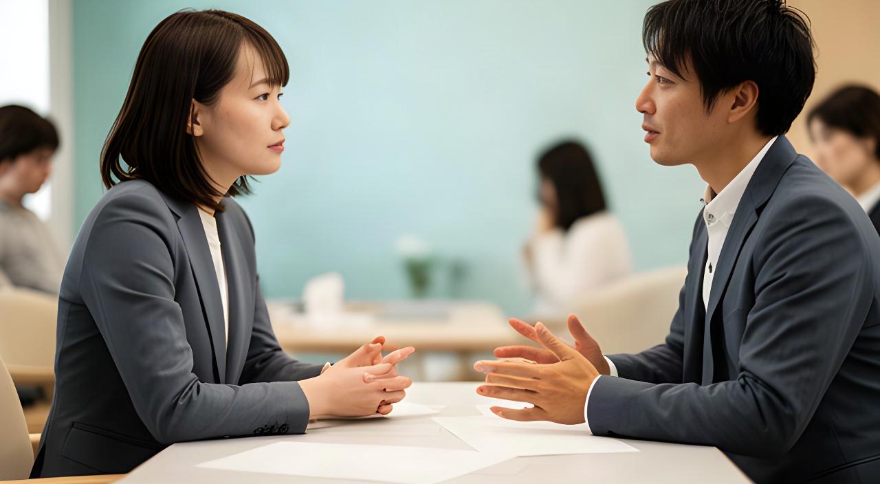 小さな会議室で、人事担当者と現場責任者が社員の働き方について話し合う様子