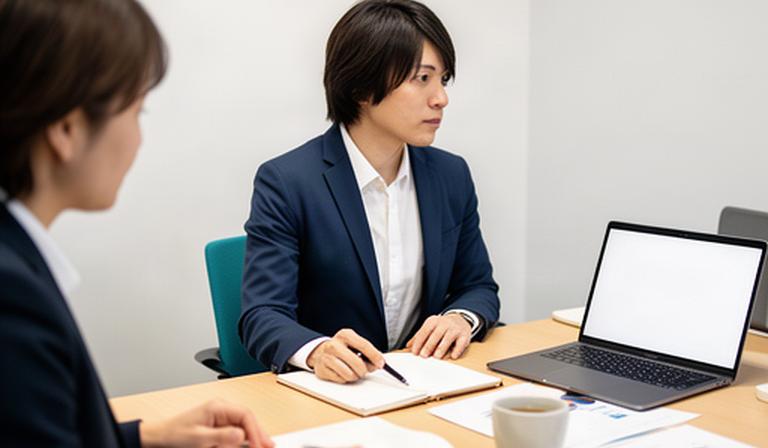 小さな会議室で、担当者が採用や人事業務の相談事項を画面と手帳で確認している場面