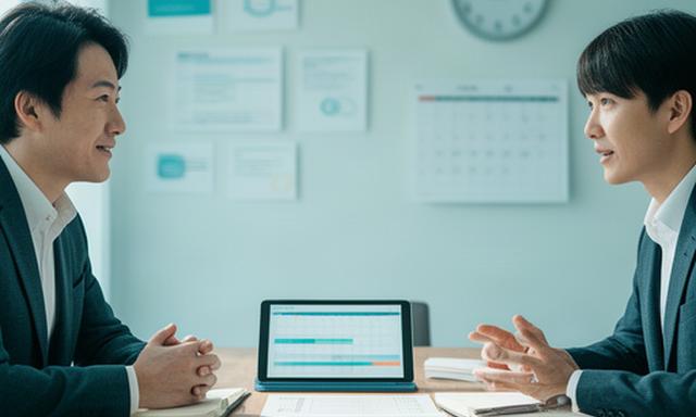 現場責任者と人事担当者が勤務記録や研修状況を見ながら職場の受け入れを話し合う