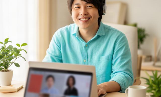 在宅勤務の従業員がオンラインでチームの同僚と短い打ち合わせをしている様子