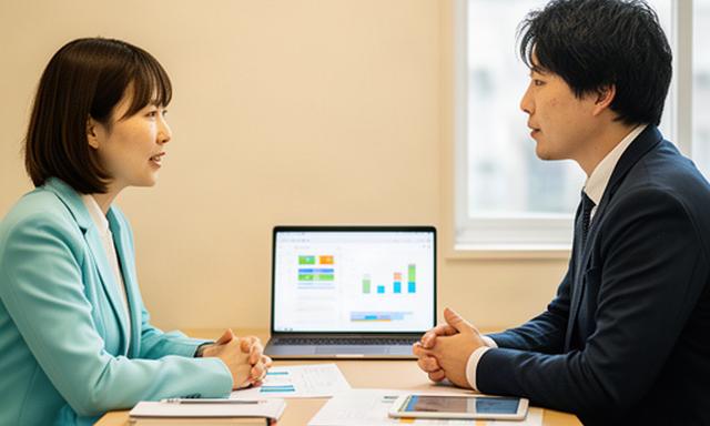 小規模な会議室で従業員サーベイの回答傾向を話し合う人事担当者と現場リーダー