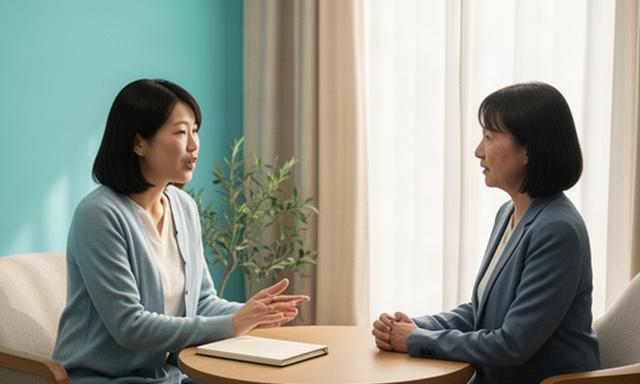 育児や介護との両立について、落ち着いた面談スペースで相談する従業員と担当者