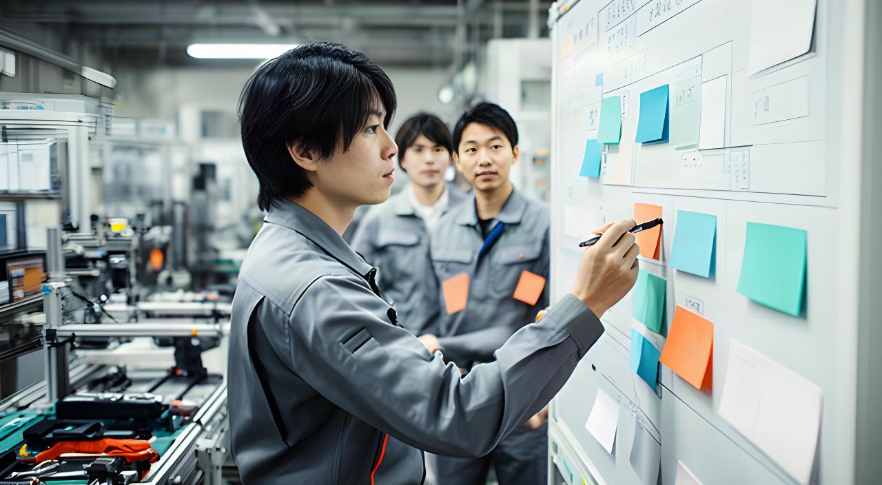 製造現場の工程ボードを前に、作業者の担当工程と技能を照合する管理者
