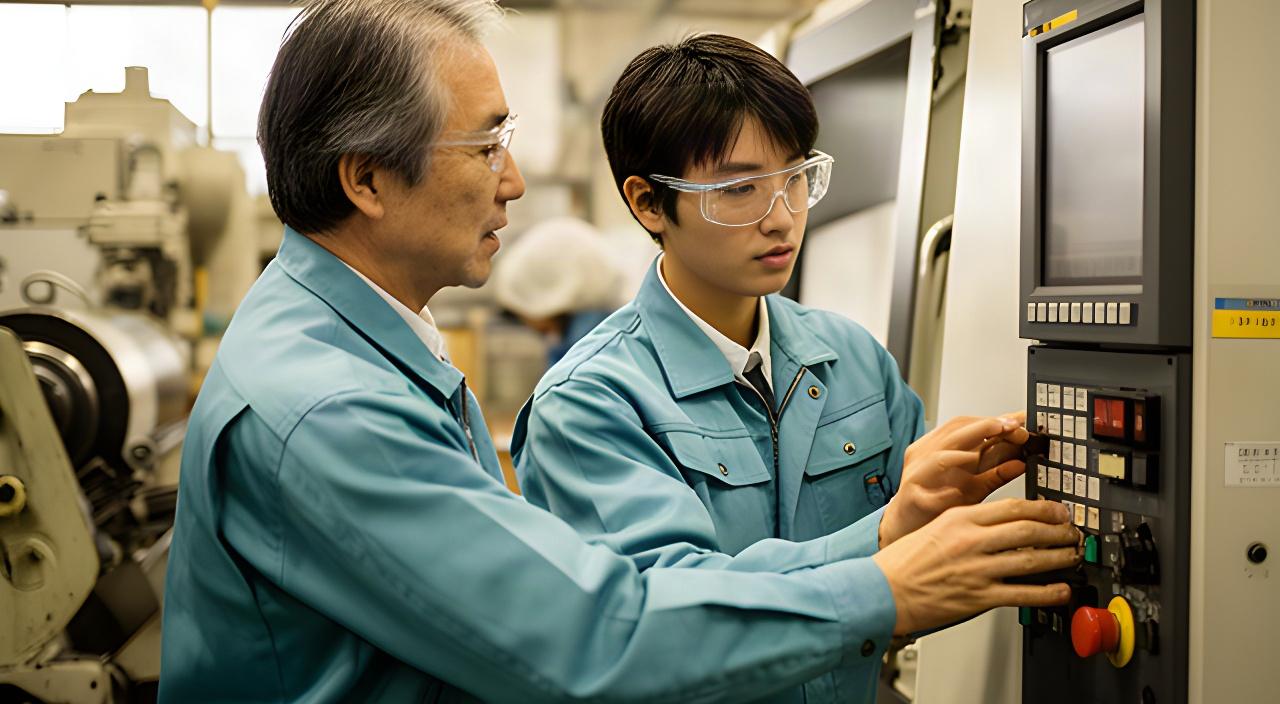 熟練作業者が工場で若手スタッフに機械の操作手順を教え、工程を引き継いでいる場面