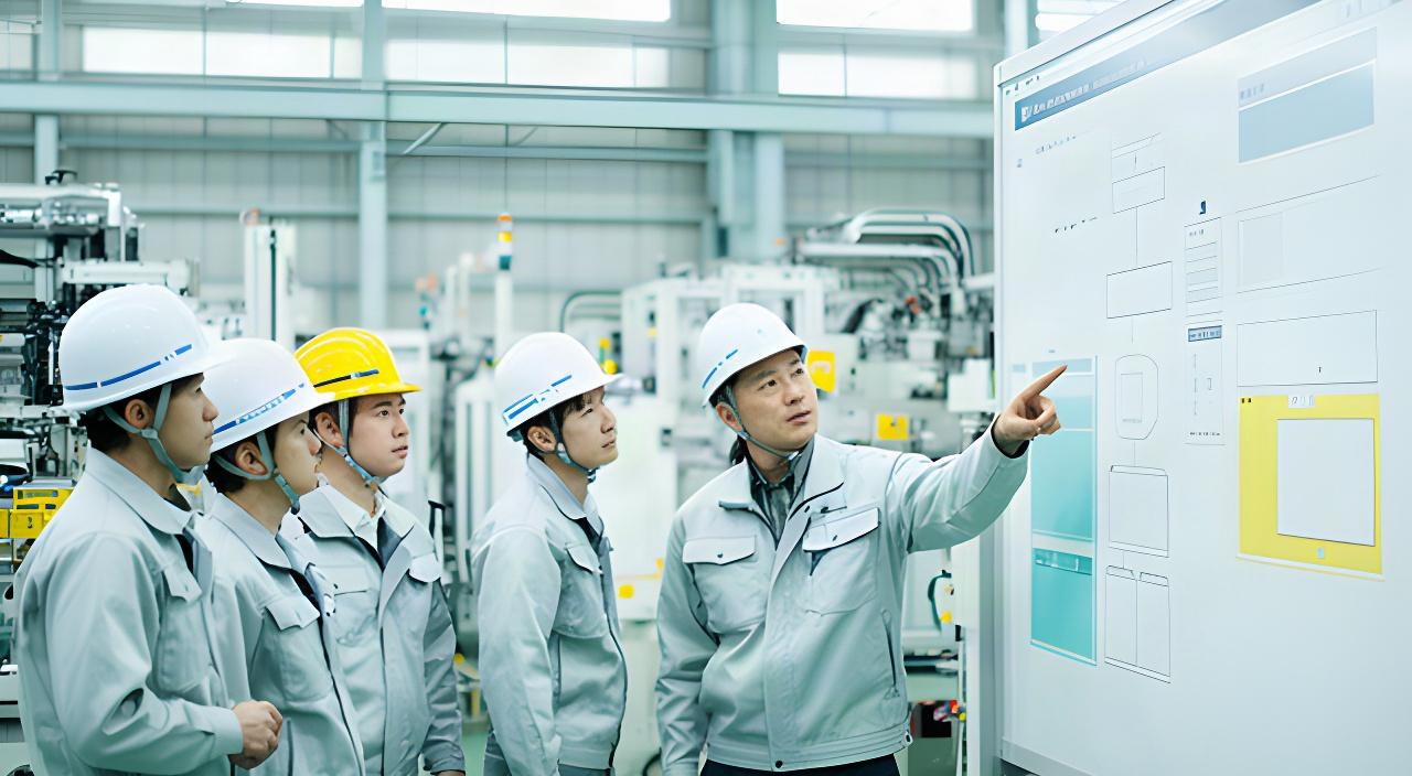 工場の現場責任者が工程表を確認し、作業者の技能と担当工程を整理している様子