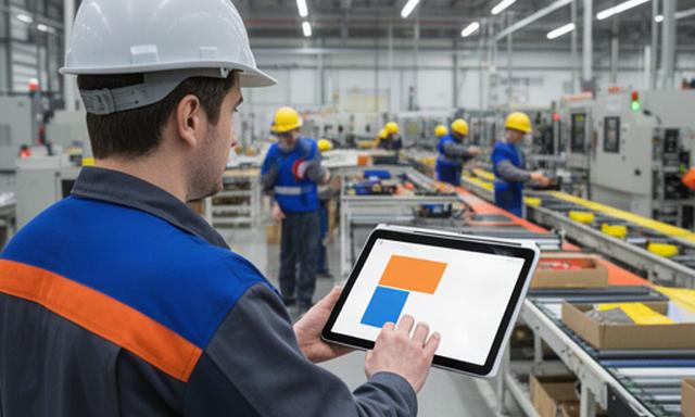 製造工場の現場責任者が、作業エリアの勤務予定と資格保有者の配置を確認している様子