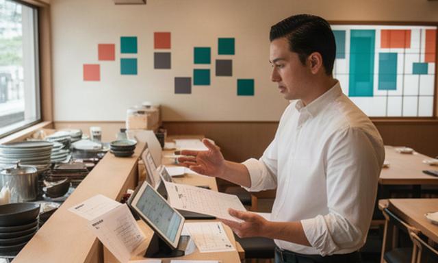 開店前の飲食店で、店長が時間帯ごとの予約状況を見ながらスタッフのシフトを調整している様子