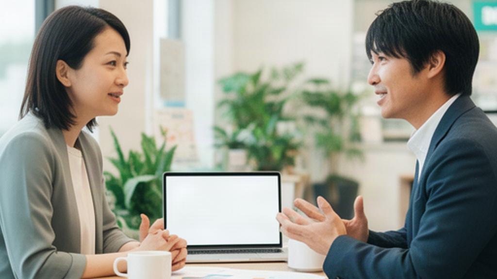 本部の人事担当者と店舗責任者が、地域のサービス拠点でスタッフ支援について話し合っている様子