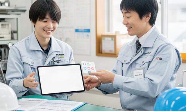 中途採用で入社した社員と受け入れ担当者が職場で業務手順を確認する様子
