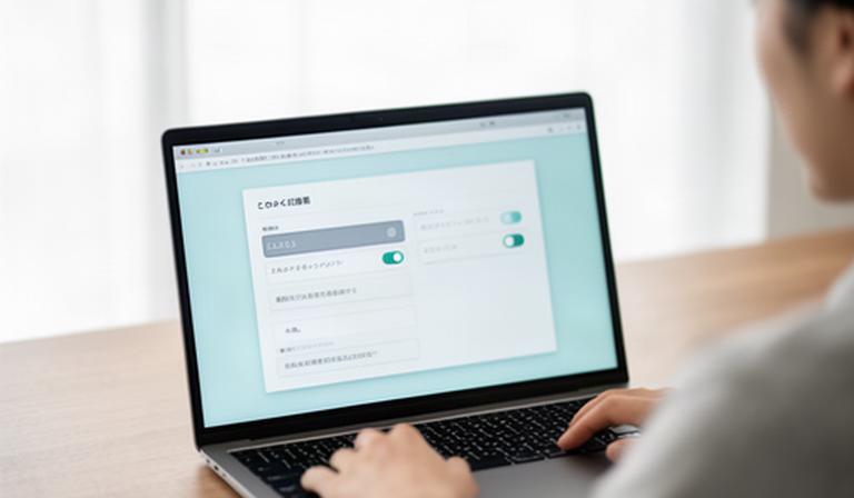 利用者がノートパソコンのブラウザー設定画面を開き、Cookieとプライバシーの選択項目を確認している様子