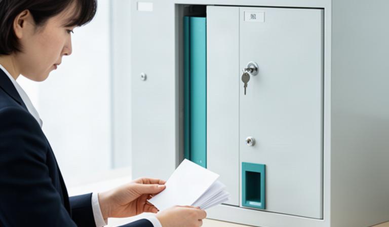 人事担当者が従業員情報の管理手順を確認し、鍵付き書類保管庫の前で記録を整理している場面