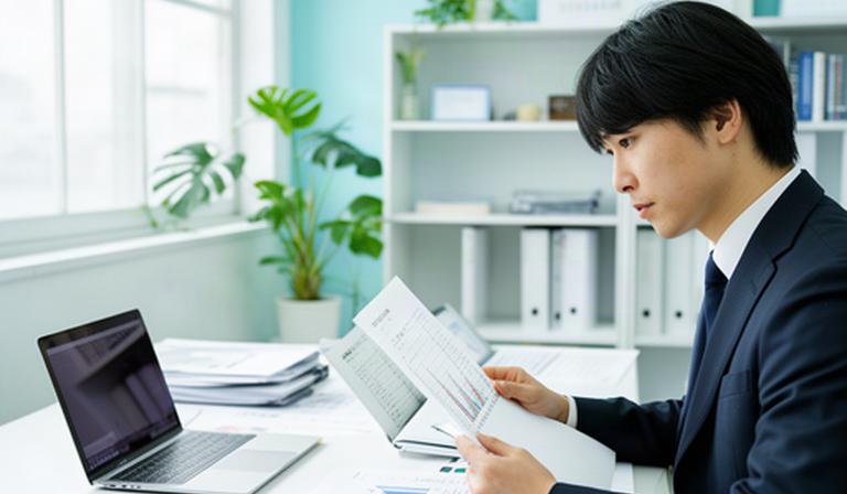 高知県の中小企業で採用担当者が応募書類と人材データを確認する明るいオフィス