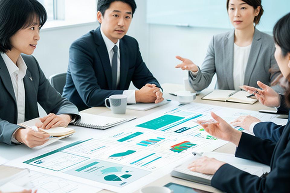 経営会議の資料を囲み、部門別の人員構成や採用予定、育成状況を確認する担当者たち